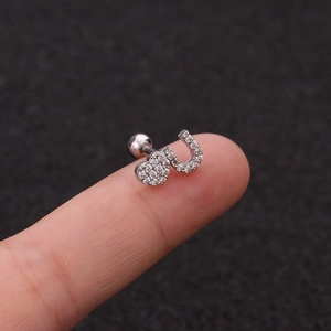 Silver stainless steel heart and U-shaped ear stud with clear stones and ball back