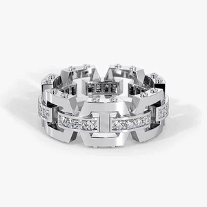 Macro detail of geometric silver ring with interlocking links and pave zircon stones
