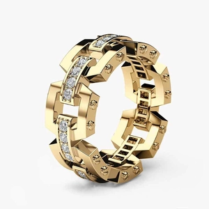 Copper Cubic Zirconia Men Ring Geometric Chain Link Industrial Style Punk Business Wedding Band Jewelry
