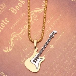 Elegant electric guitar pendant necklace in gold and silver on vintage book background