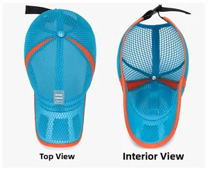 Detailed top and interior view of breathable mesh sun hat with adjustable strap