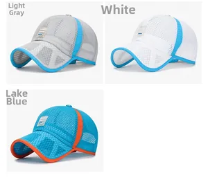 Breathable mesh baseball caps for kids in light grey, white, and lake blue options