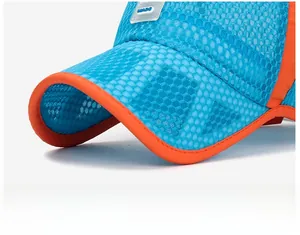 Detail of blue breathable mesh baseball cap with orange trim and MADE tag