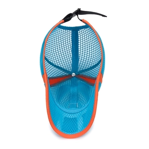 Breathable blue and orange mesh sun hat for dogs with ear holes and adjustable strap