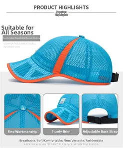 Detail view of breathable mesh baseball cap with blue and orange contrast design