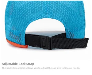 Macro shot of breathable blue mesh baseball cap with adjustable strap and buckle
