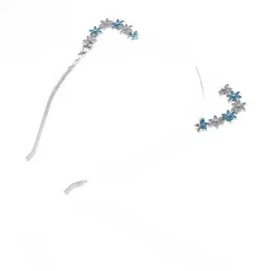 Detailed view of cat ear headband with blue and white flowers on silver metal frame