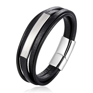 Men's multilayer black leather cord bracelet with brushed stainless steel magnetic clasp