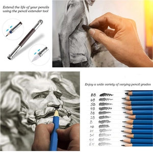 Detailed view of metal pencil extenders and professional sketching pencil set with grades