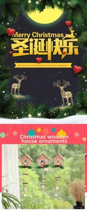 Detailed view of three hanging wooden Christmas house ornaments with Santa and Snowman