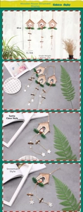 Detailed view of handmade wooden Christmas house hanging ornaments with Santa and Snowman motifs