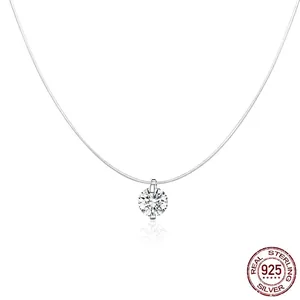 Minimalist Invisible Fishing Line Necklace 925 Sterling Silver Round Zirconia Pendant Floating Necklace Women Jewelry