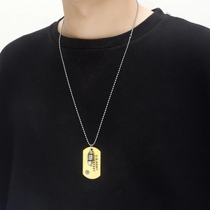 Hip-hop military dog tag necklace with bullet pendant on silver bead chain for men