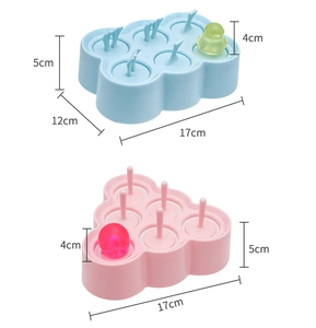 Blue and pink silicone popsicle molds with 6 cavities and precise size markings