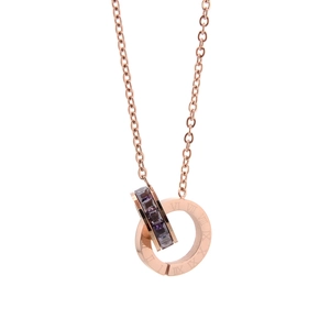 18K rose gold stainless steel necklace with interlocking rings and purple zircon stones