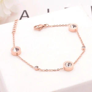 Rose Gold Stainless Steel Bracelet For Women With Round Cubic Zirconia Roman Style Elegant Adjustable Chain
