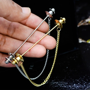 Minimalist gold and silver shirt collar pin brooches with hanging chain tassel detail