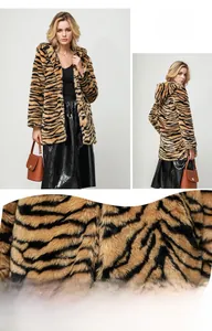 Macro detail of the tiger print faux fur texture and acrylic fabric on the hooded coat