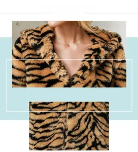 Detail view of the premium tiger print faux fur texture and craftsmanship of the winter coat