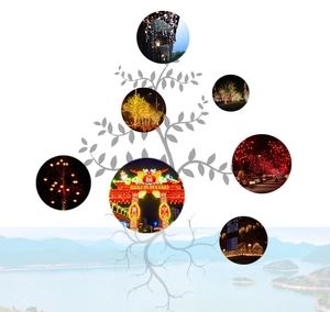 Outdoor LED landscape lighting display showing tree lights and festival decorations