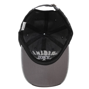 Black and gray washed cotton baseball cap with interior embroidery and metal buckle