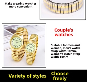 Luminous couple watches with golden elastic bands featuring 18mm and 14mm widths
