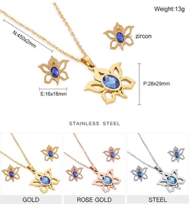 Detailed view of hollow sunflower jewelry set with blue zircon in three color finishes