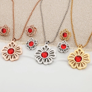 Hollow Flower Necklace And Earrings Stainless Steel Red Zircon Floral Petal Elegant Jewelry Accessories For Women