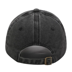 Dark grey washed denim baseball cap with adjustable metal buckle and vintage embroidery