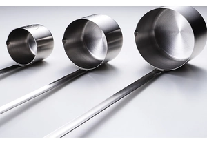 Three long-handled stainless steel measuring scoops with pouring spouts in various sizes