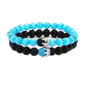 Blue cat eye and matte black beaded bracelet set with silver micro-pave CZ crowns