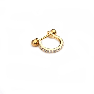 Gold barbell ear cartilage stud with pave-set cubic zirconia and S925 hallmark