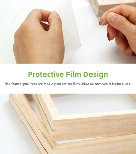 Detail showing removal of protective film from clear acrylic panel on wooden frame