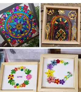 Detail of wooden picture frames featuring colorful glass painting and paper filigree art