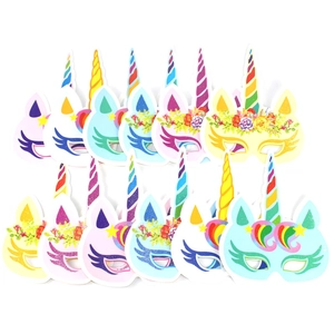 Detailed set of colorful unicorn party paper masks with floral crowns and rainbow horns