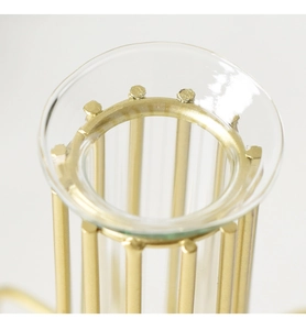 Gros plan détaillé du cadre en fer doré et du tube en verre pour vase hydroponique