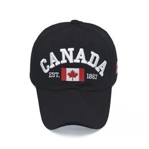 Schwarze Baumwoll-Baseballkappe mit weißem CANADA Stickerei und Kanada-Flagge