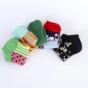 Five pairs of cotton low cut socks with watermelon, rainbow, pineapple and beer patterns
