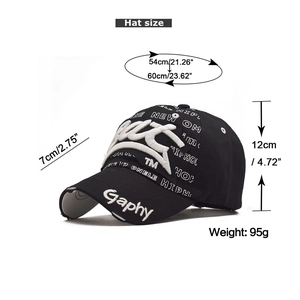 Black distressed baseball cap with 3D embroidery showing 12cm depth and 95g weight