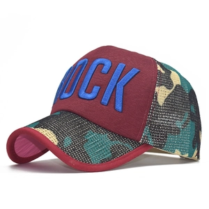 Detail of ROCK 3D embroidery and camo mesh on street fashion baseball cap