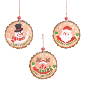 Wooden Christmas ornaments set featuring Santa, snowman, and reindeer painted on round discs