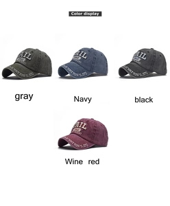 Detail view of cotton baseball caps in gray, navy, black and wine red with 1962 embroidery