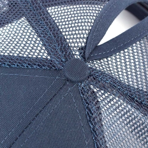 Gros plan du bouton supérieur et des coutures détaillées d'une casquette bleue