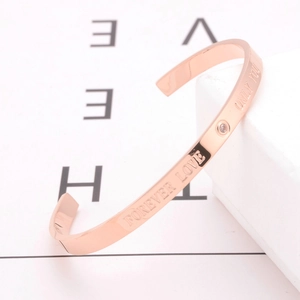 Rose gold stainless steel C-shaped open bracelet with Forever Love engraving and small zircon