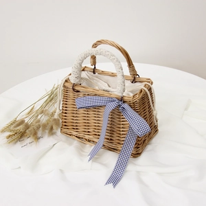 Handmade straw woven square handbag with lace trim and blue checkered bow for summer beach