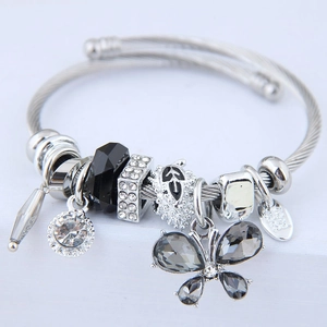 Silver stainless steel cable bangle bracelet with gray butterfly and zircon charms