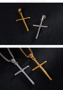 Polished gold and silver cross pendants paired with rope chains on a textured background