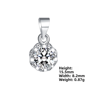 Detail of silver zirconia pendant showing dimensions 15.5mm by 8.2mm and 0.87g weight