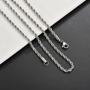 Detailed view of stainless steel silver rope chain necklace with durable lobster clasp