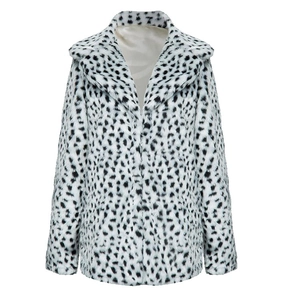 Faux fur leopard print coat with classic lapel design on clean white background